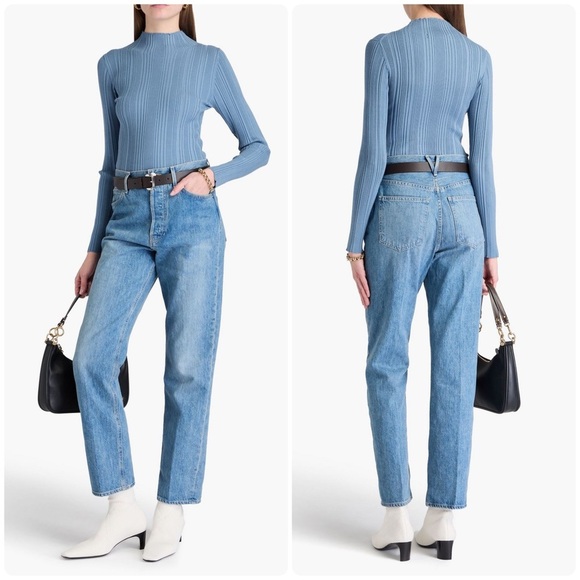 New! Veronica Beard Vinny Ribbed Knit Mock Neck Top Oxford Blue 🩵 X-Large - Picture 2 of 14